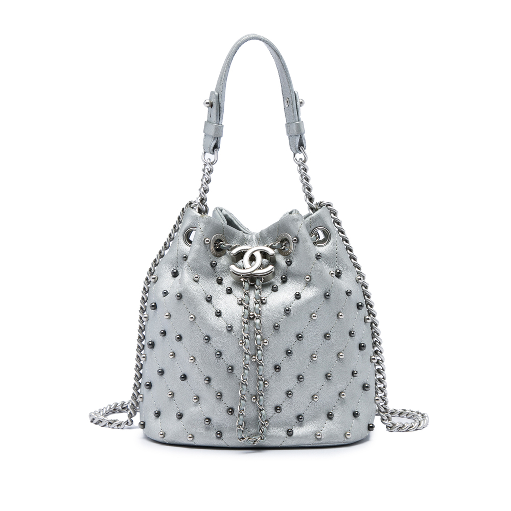 Pre-Loved Chanel Small Metallic Chevron Lambskin Stud Wars Drawstring Bucket Bag